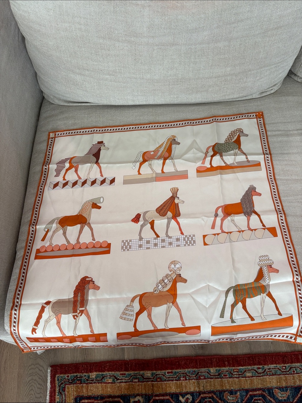 Shanghai Story 100% Silk Scarf—Hand Rolled & Sewn Edges—GORGEOUS! Horses—Oranges